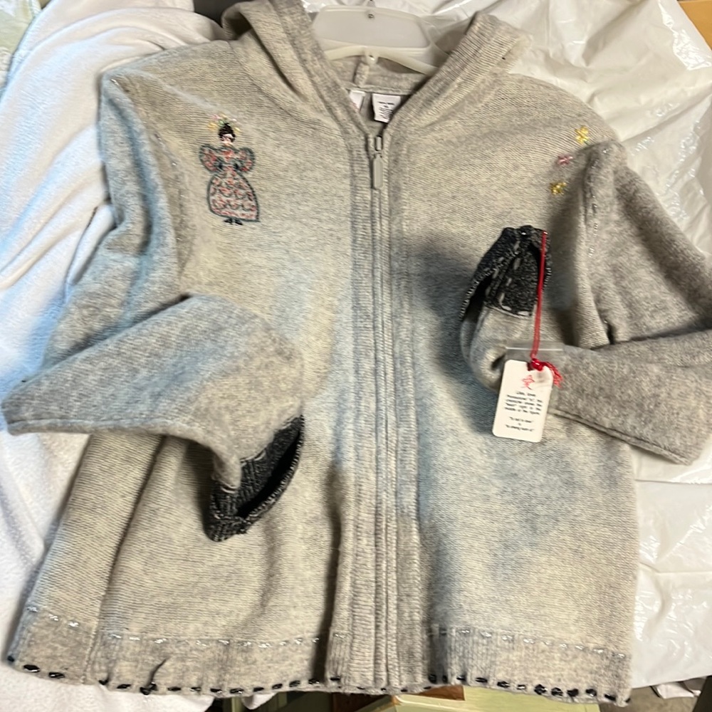 Like, love 100% wool sweater with embroidery and hood